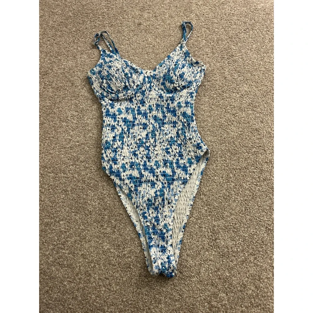 Vintage Smocked One Piece Swimsuit Womens Blue White Floral Excellent High Cut